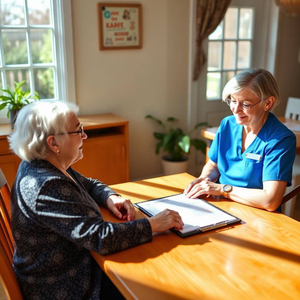 A HopeCare caregiver in blue scrubs sitting at a sunlit kitchen table helping an elderly woman review Aged and Disabled Waiver application paperwork on a clipboard