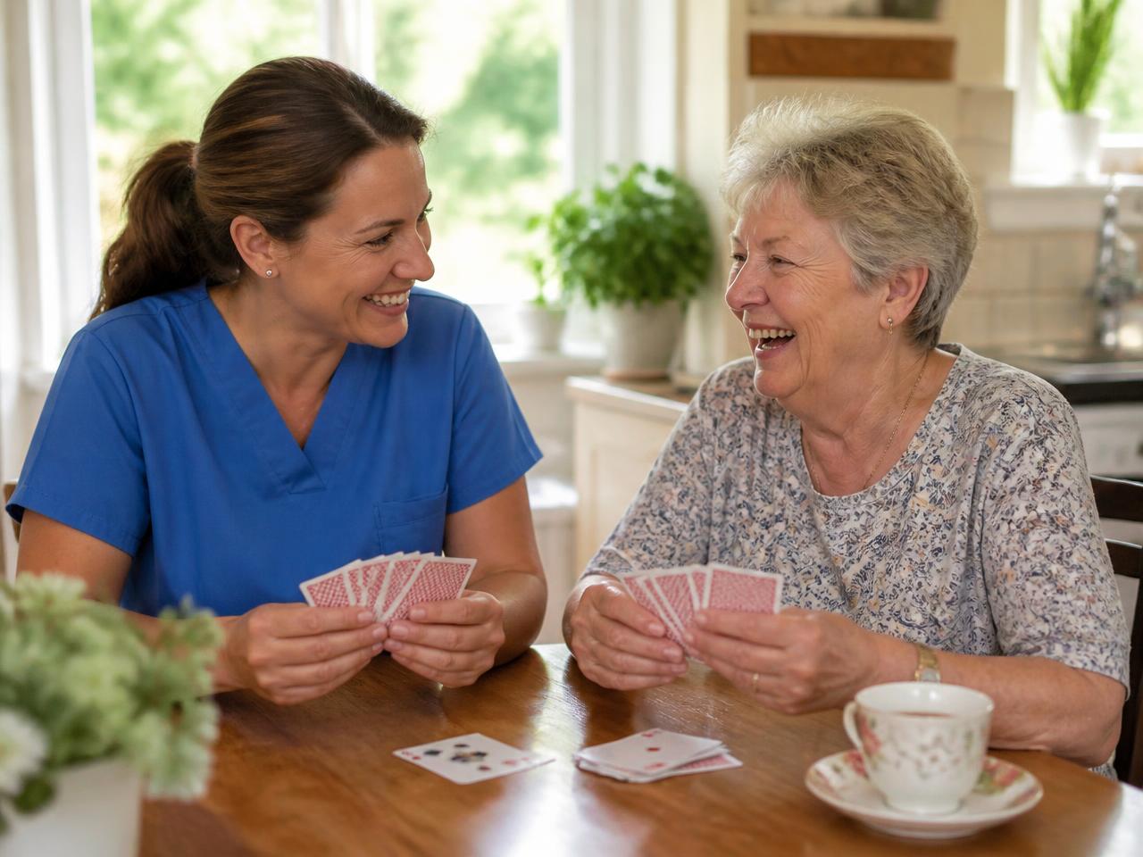 A caregiver in blue scrubs smiling and playing a wooden board game at a sunny kitchen table with an older woman