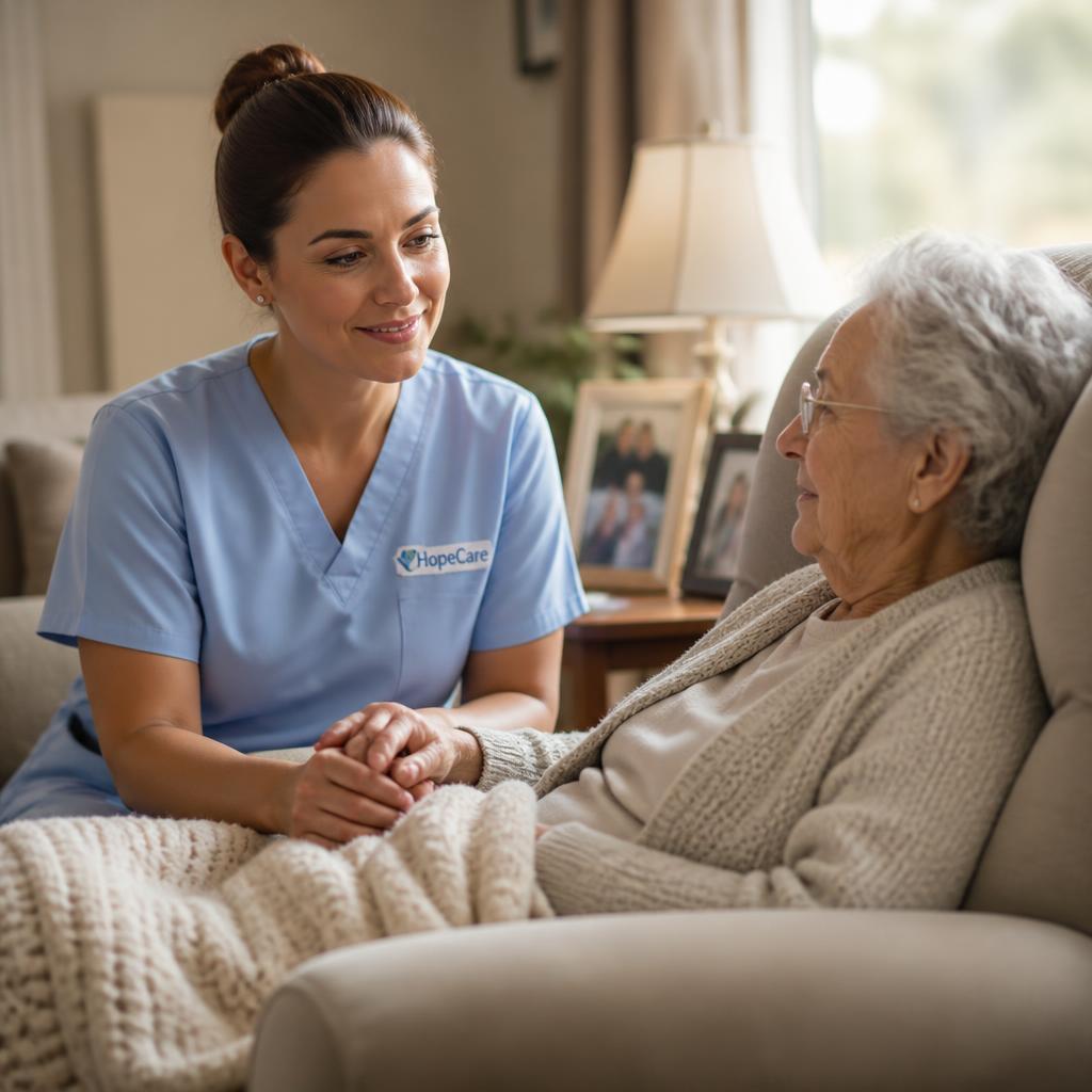 A caregiver in blue scrubs gently holding hands with an elderly person seated in a comfortable living room chair