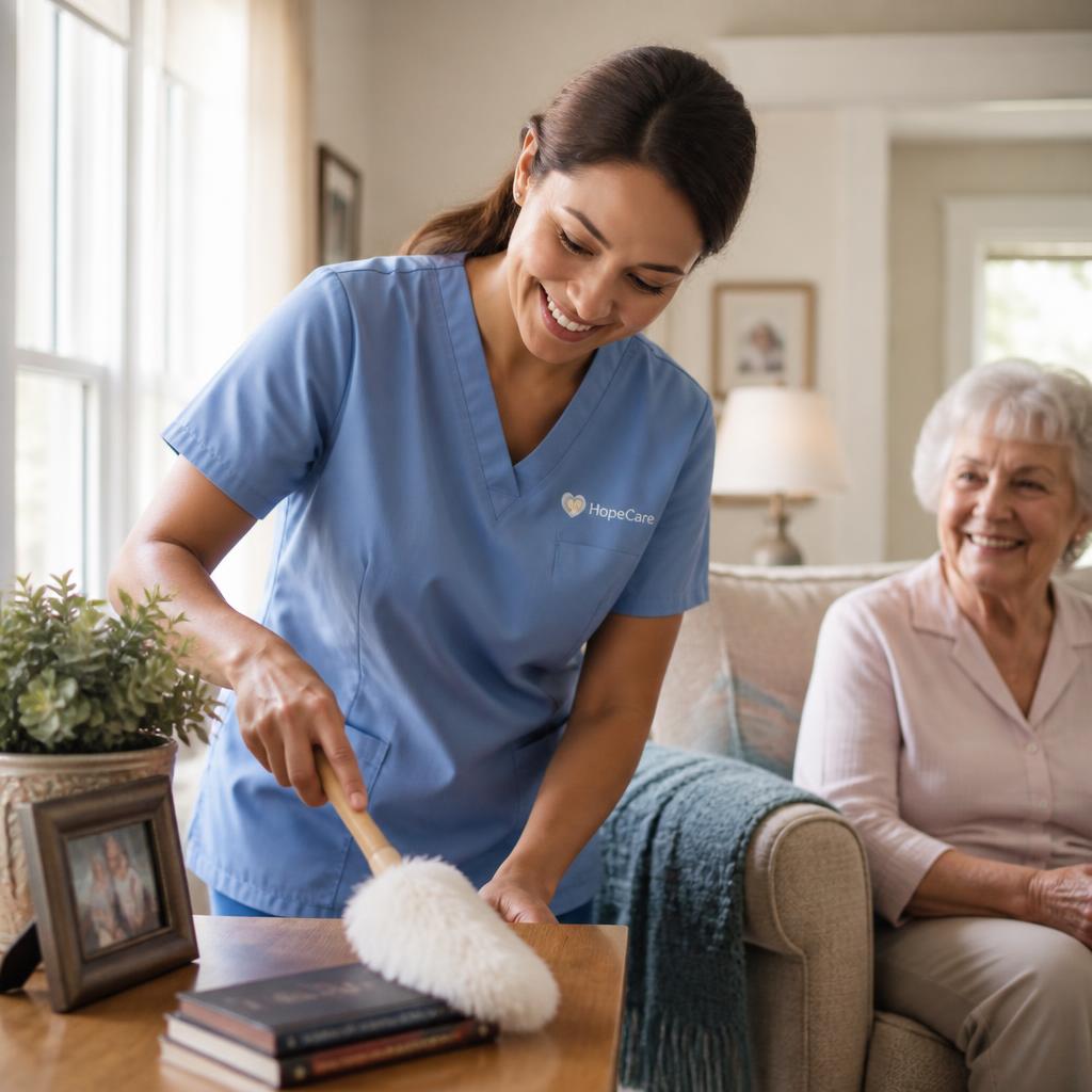 A caregiver in blue scrubs wiping down a bright kitchen counter with a spray bottle and cloth
