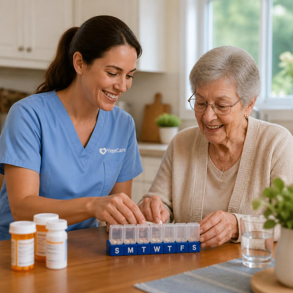 A caregiver in blue scrubs helping an older woman organize a weekly pill box at a sunny kitchen table