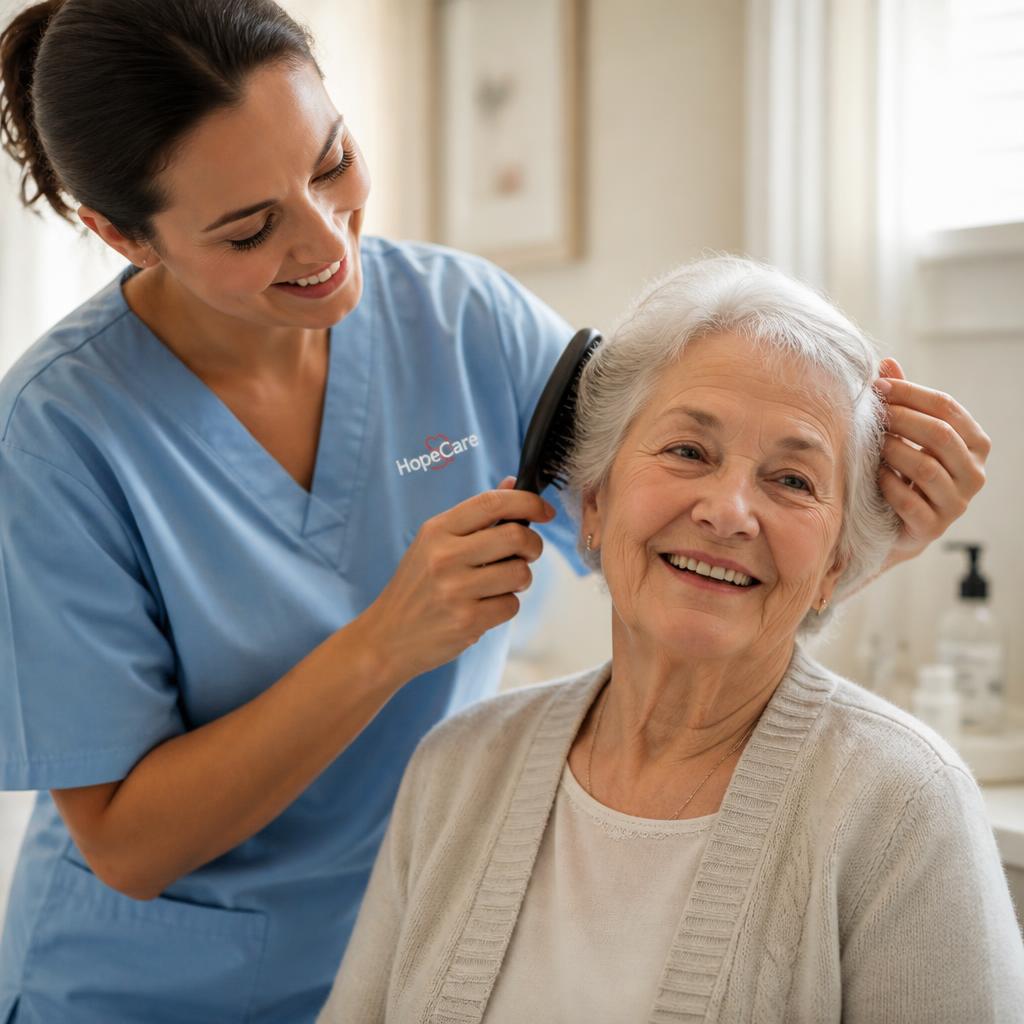 A caregiver in blue scrubs gently helping an older man button his cardigan while he sits on the edge of a bed