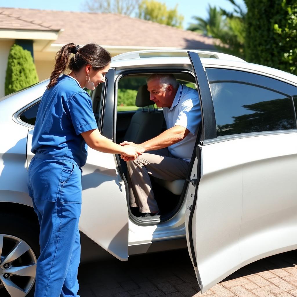 A caregiver in blue scrubs helping an older man out of the passenger seat of a clean silver car in a sunny driveway